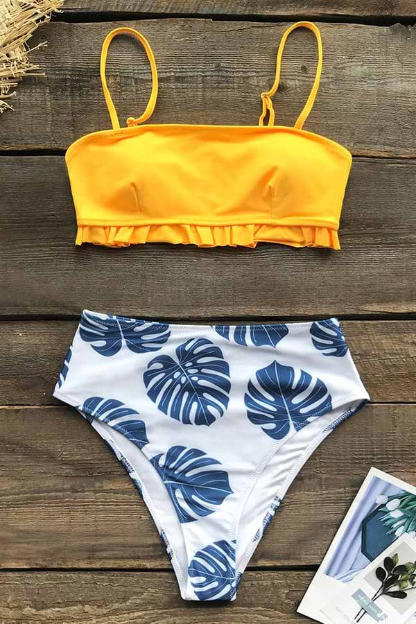 Gelb und Monstera Print Bikini
