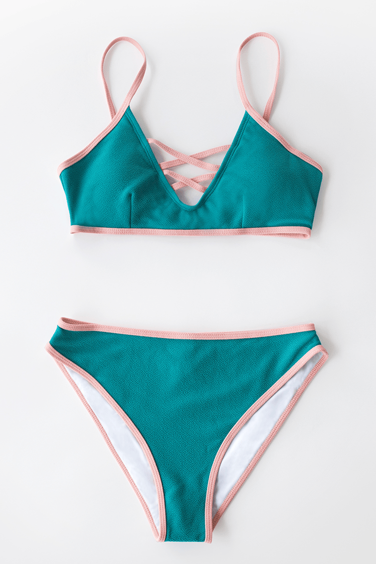 Blaugrüner und rosa Riemchen-Bikini