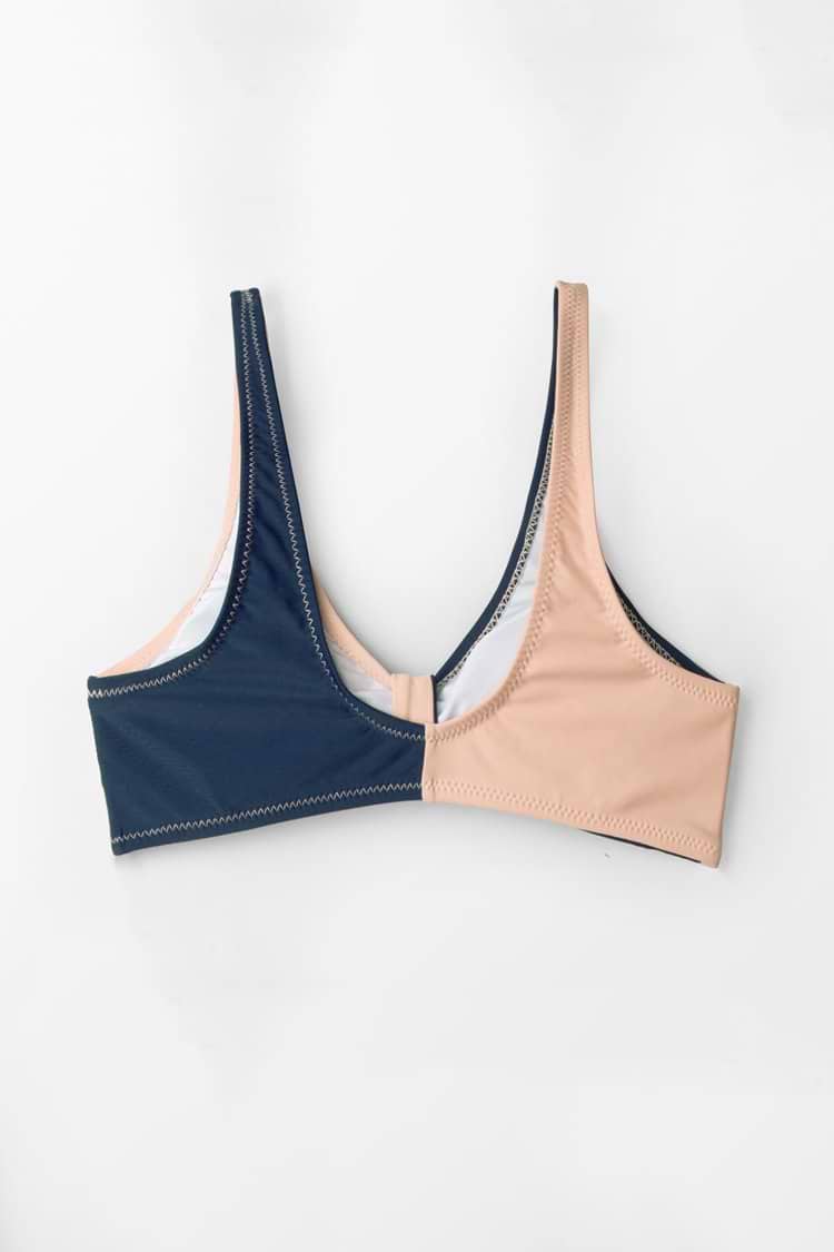 Blau Und Aprikosen Block Tie Front Bikini Oberteil