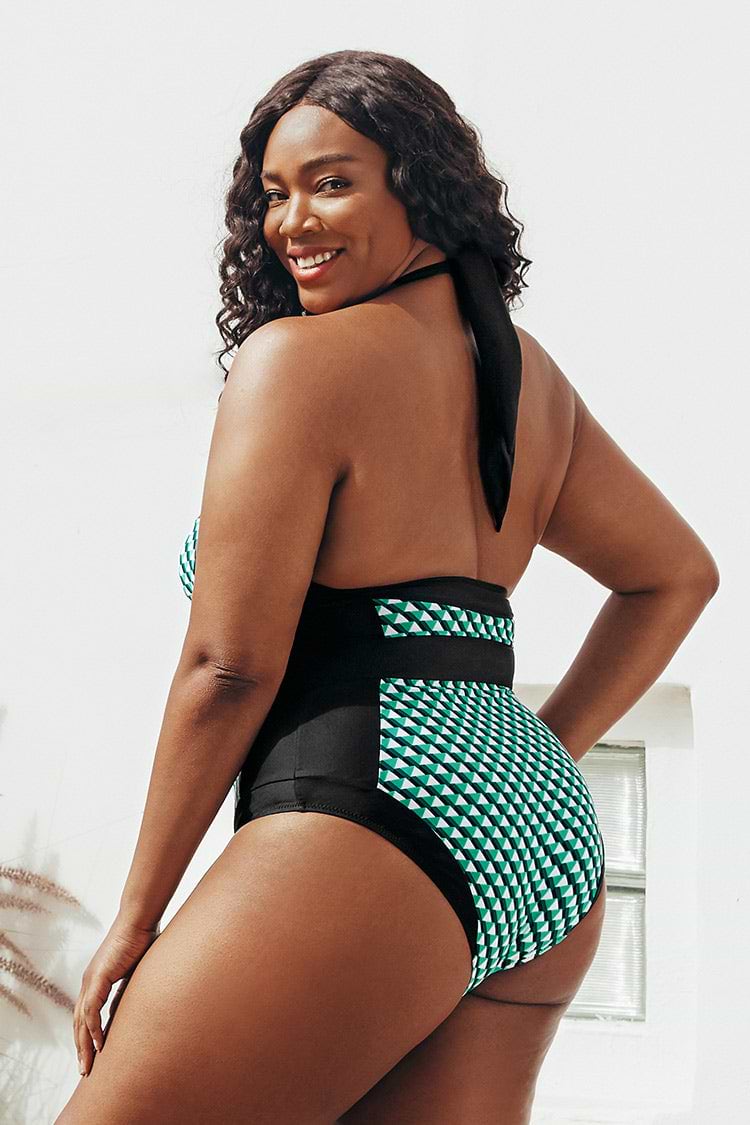 Große Größen Badeanzug mit geometrischem Muster und Neckholder