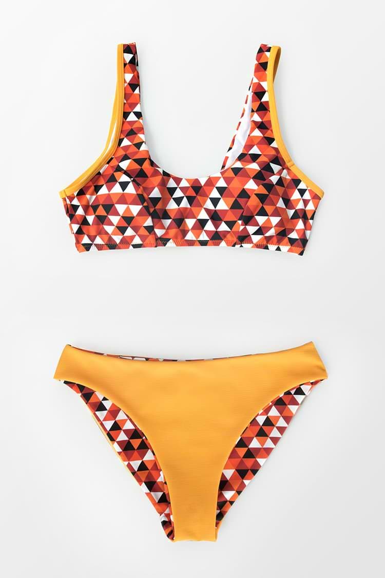 Bikini Imprimé Triangle Géométrique Rouge Blanc Et Noir