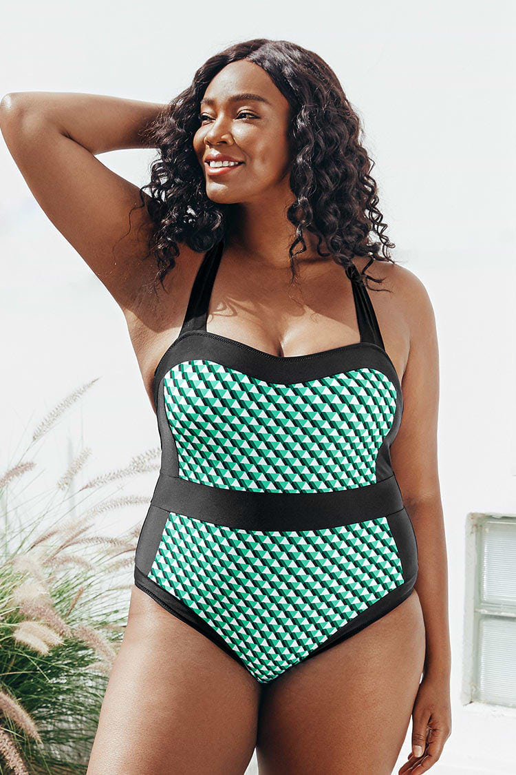 Große Größen Badeanzug mit geometrischem Muster und Neckholder