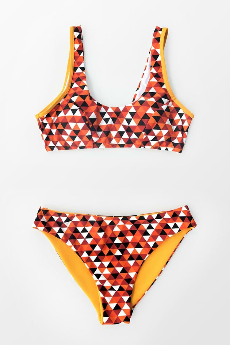 Bikini Imprimé Triangle Géométrique Rouge Blanc Et Noir