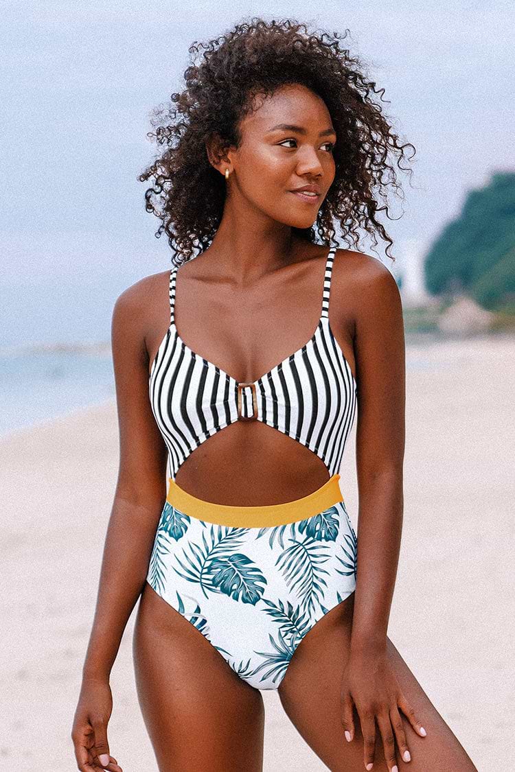 Maillot de bain une pièce rayé et feuilles découpé