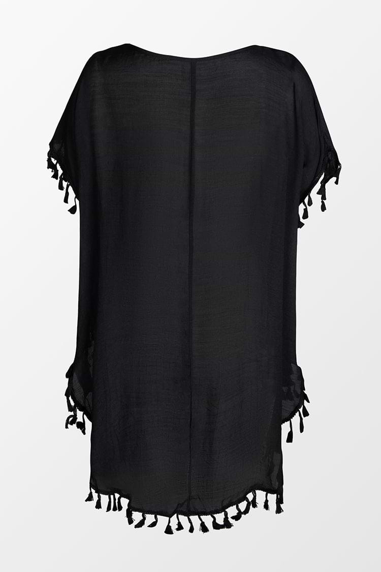 Schwarzes Cover-Up mit quadratischem Ausschnitt und Quasten