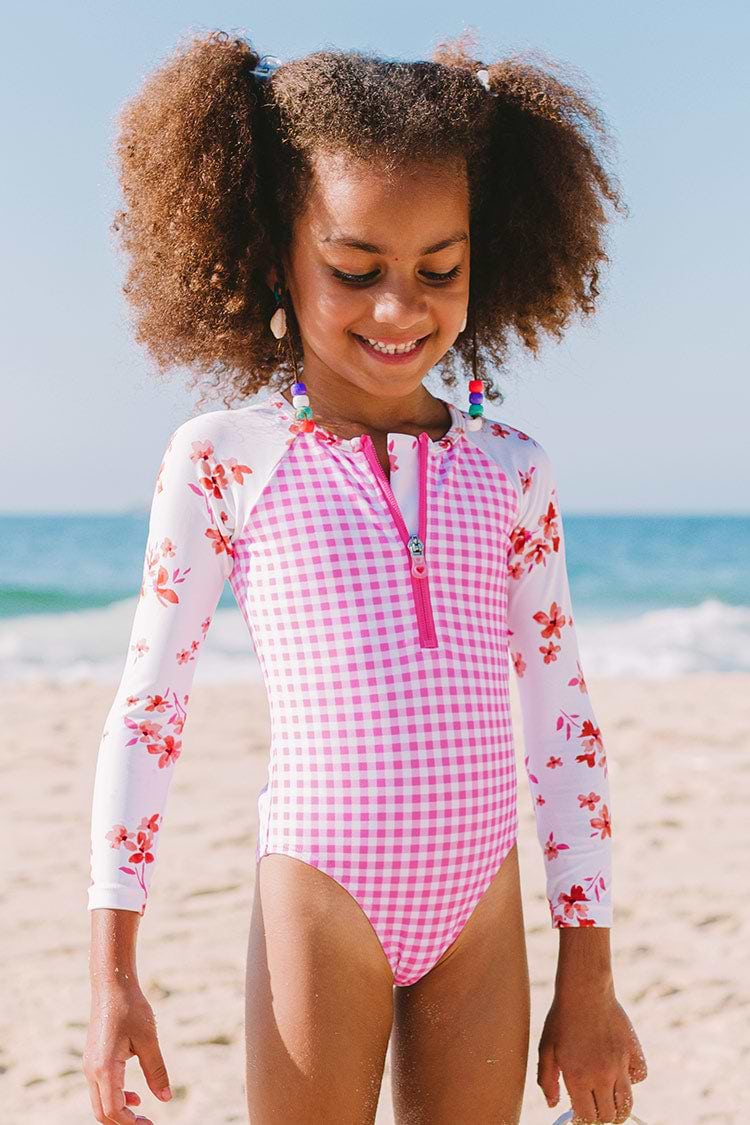 Girls' Ditsy Mix Zip Long Sleeve Swimsuit