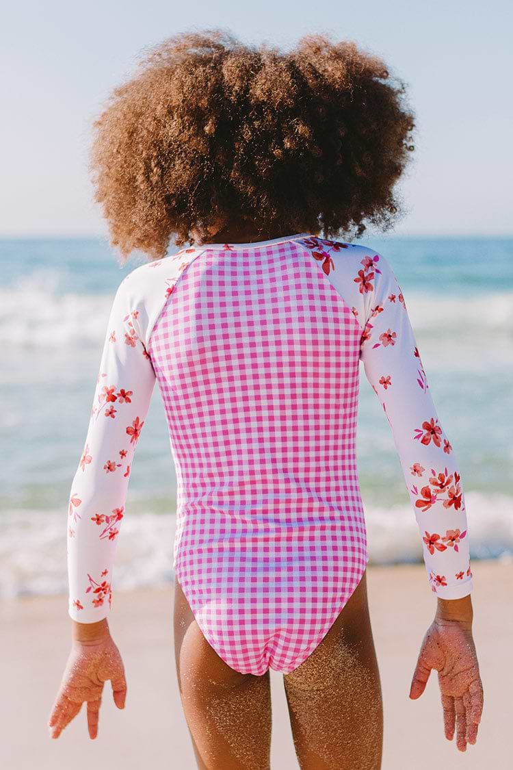 Girls' Ditsy Long Sleeve Mix Zip Swimsuit