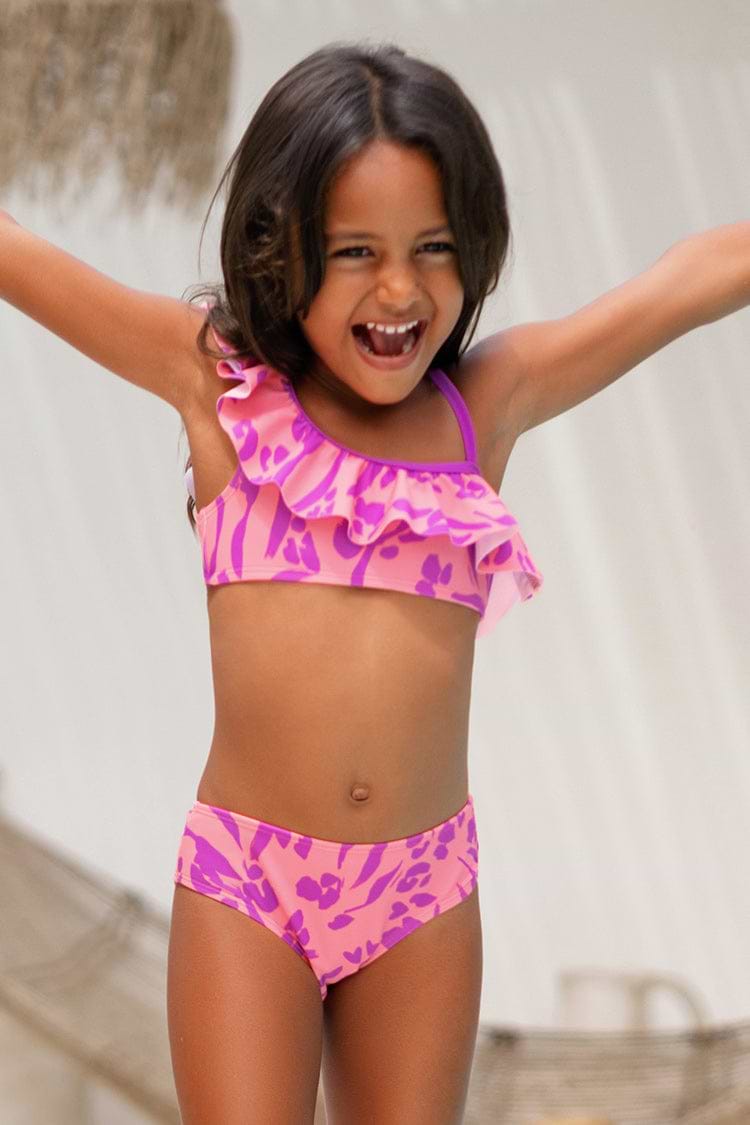 Mädchen Eine-Schulter-Bikini mit Rüschen und Leopard-Muster