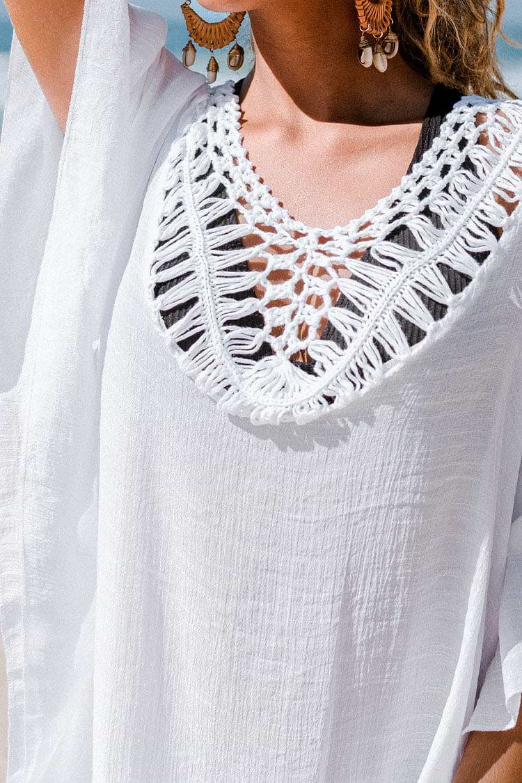 Weißes Cover-Up mit quadratischem Halsausschnitt und Quasten