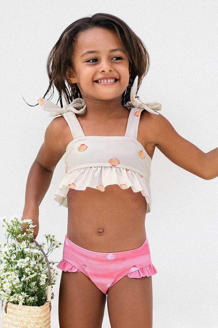 Girls White/Pink Ruffled Hem Tankini Set