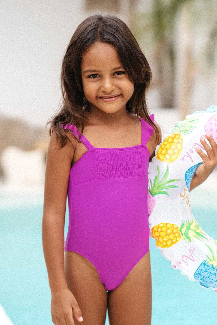 Girls' Omniscient Solid Smocked Ruffled One Piece Swimsuit