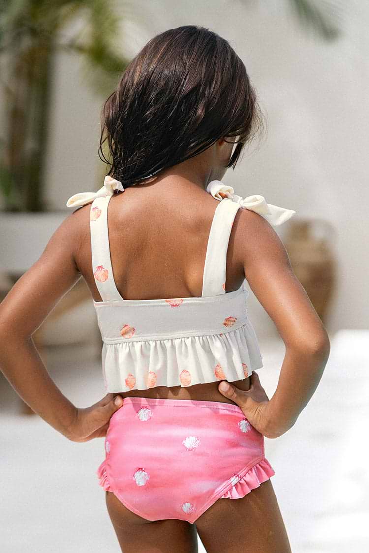 Girls White/Pink Ruffled Hem Tankini Set