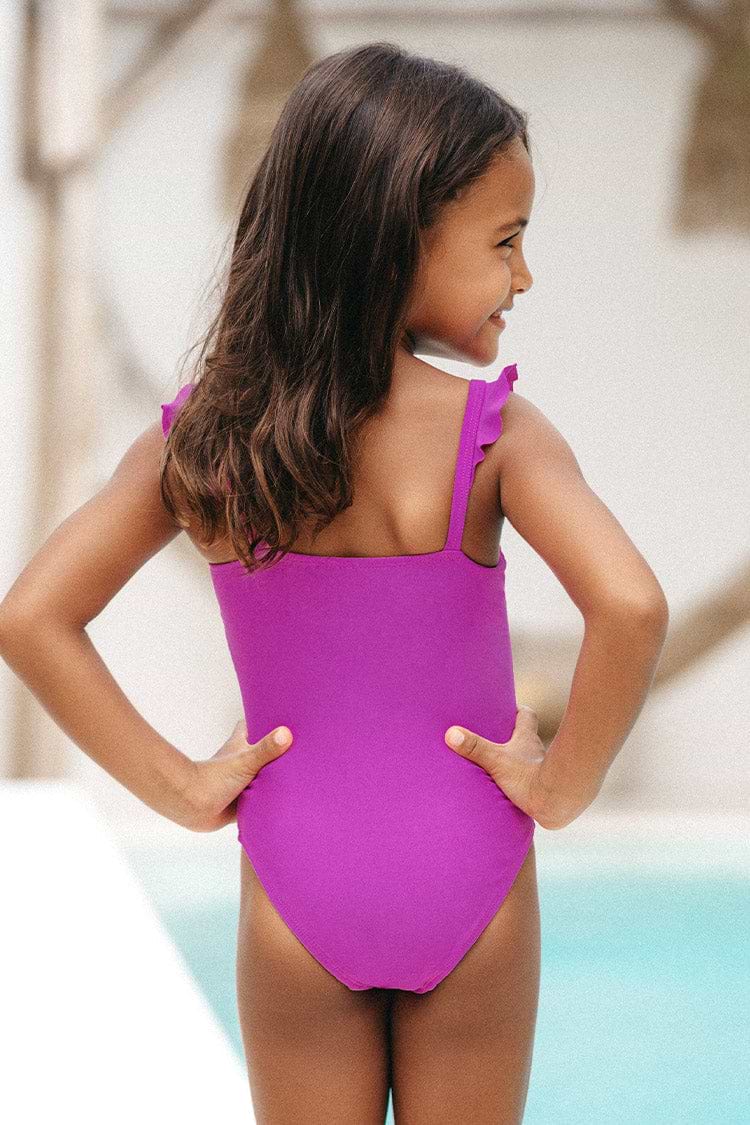 Girls Purple Solid Smocked Ruffled One Piece Swimsuit