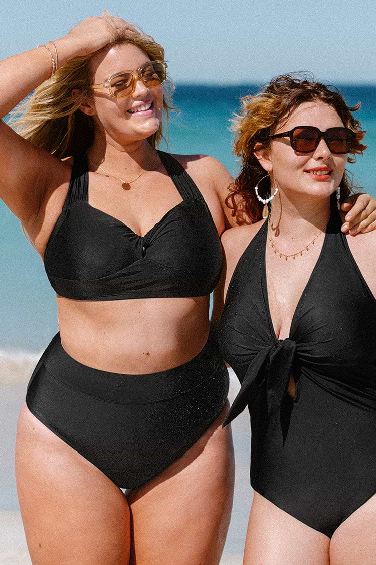 Plus Size Twist Front Black Midkini