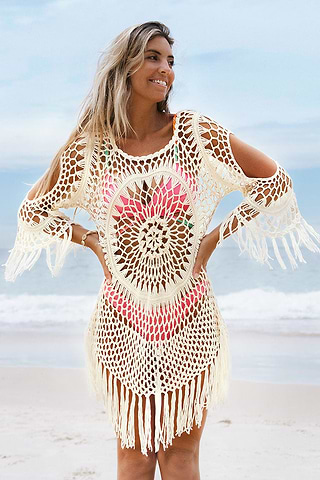 Desirae White Crochet Tassel Cover-up Dress