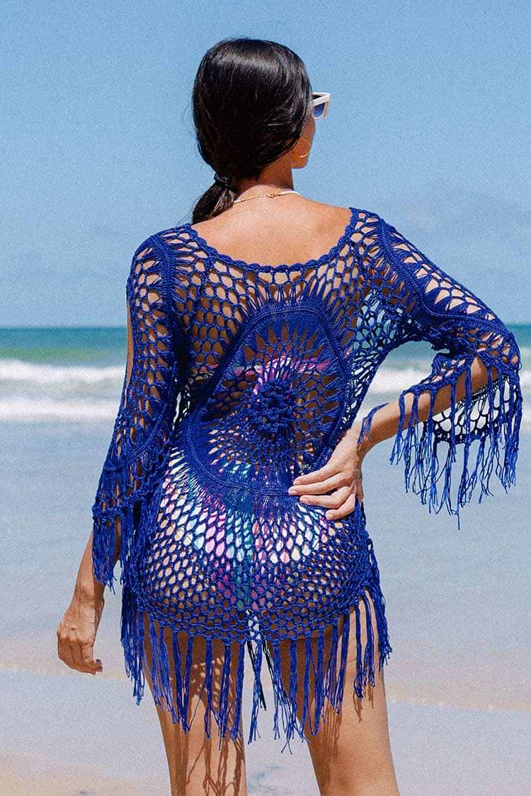 Robe cover-up bleue à pampilles en crochet