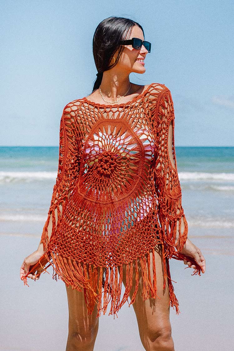 Robe cover-up orange à pampilles en crochet