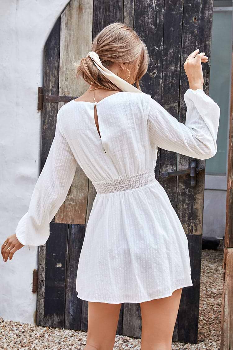 Robe trapèze couleur unie à manches bouffantes et col en V