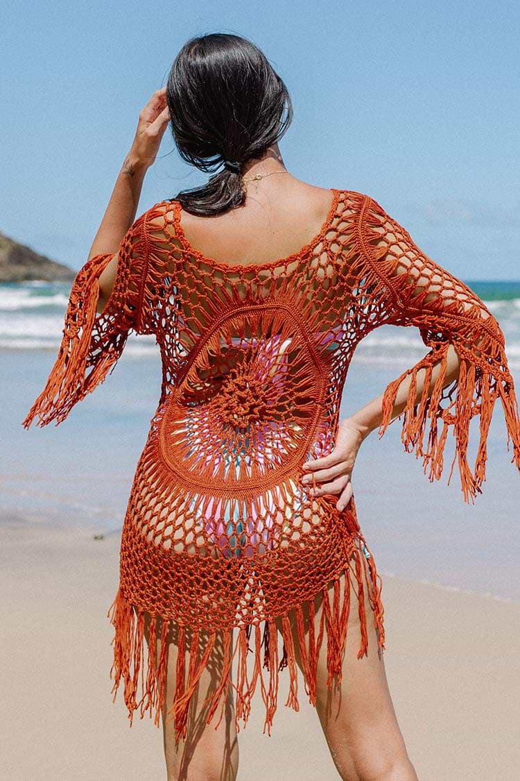 Robe cover-up orange à pampilles en crochet