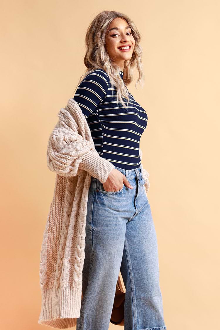 Long Sleeve Striped High Neck Bodysuit