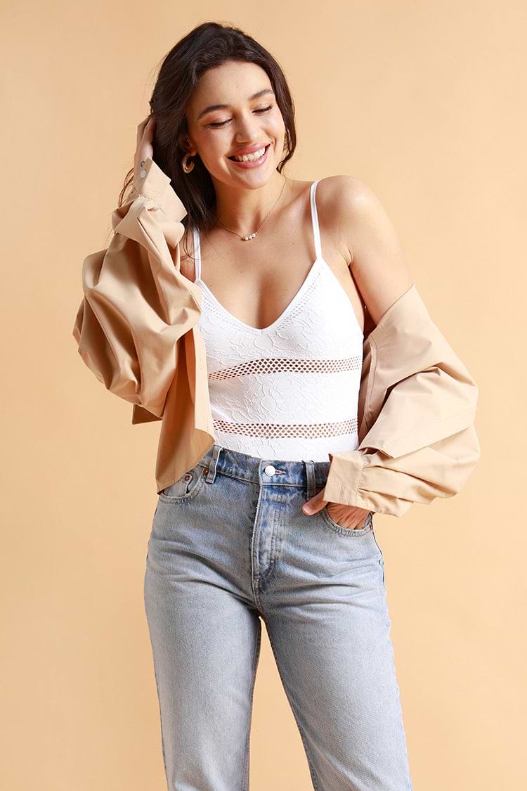 Bodysuit mit Netzeinsatz in Weiß