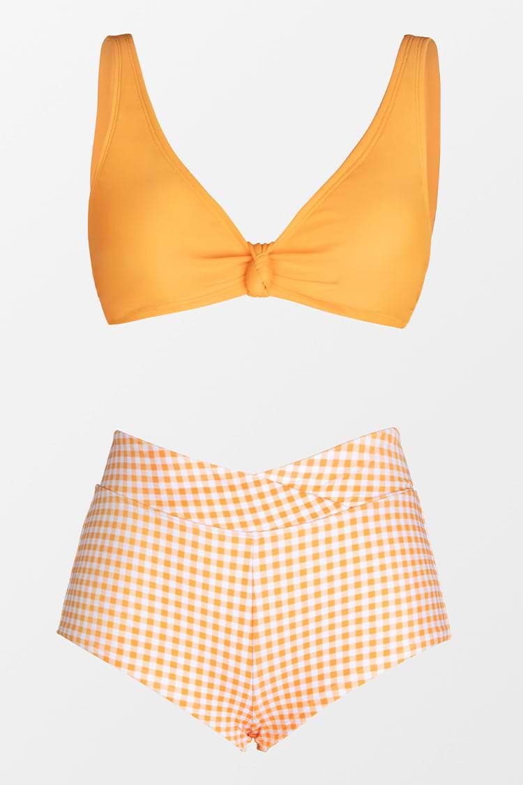 Gingham Getaway Knotted Bralette And Banded Boy Shorts Set