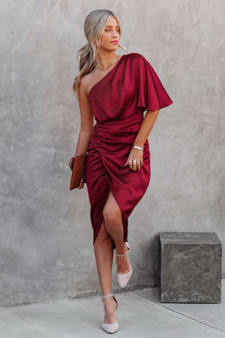 Ramla Burgundy Sheath One-shoulder Dress