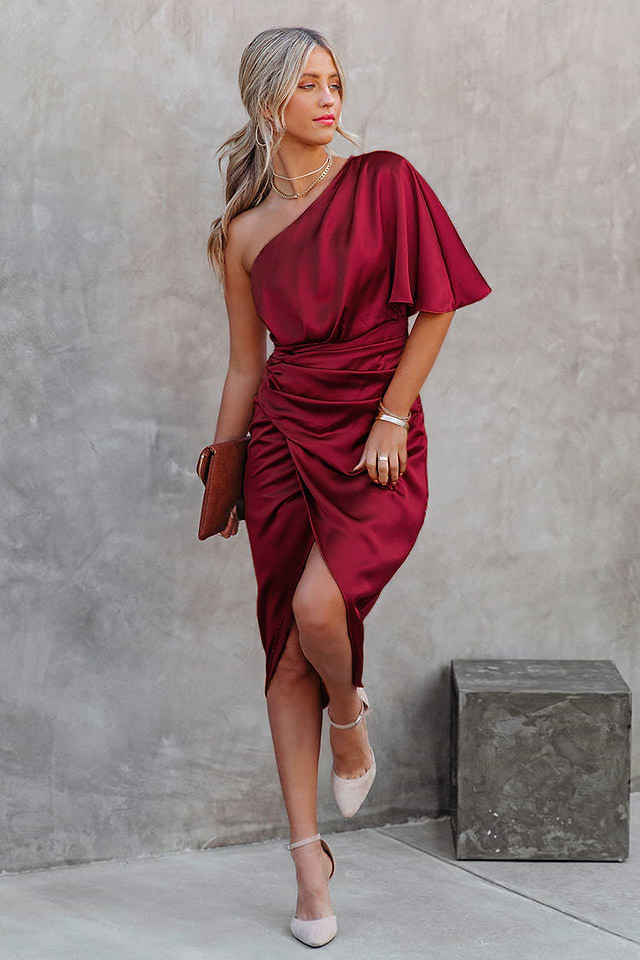 burgundy satin one shoulder dress Betsy & Adam Bow One-Shoulder Mikado Gown in Burgundy at Nordstrom, Size 16 main image 0