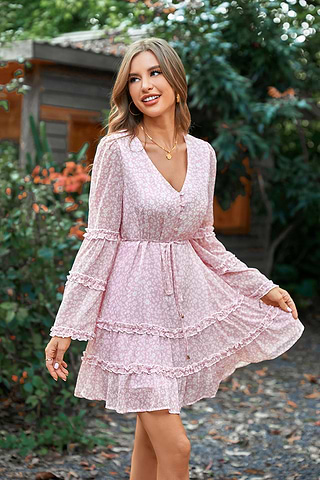 Robe rose à manches de cloche et col en V-Cupshe France