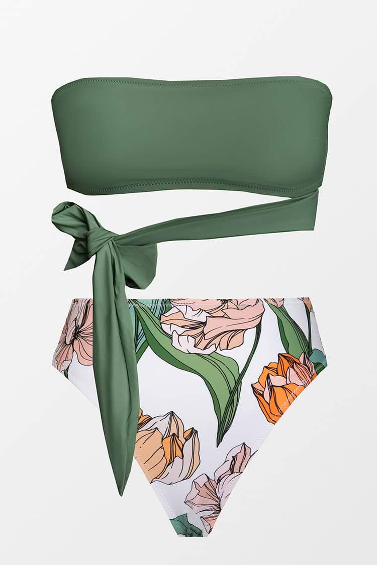Bikini bandeau taille haute vert imprimé floral