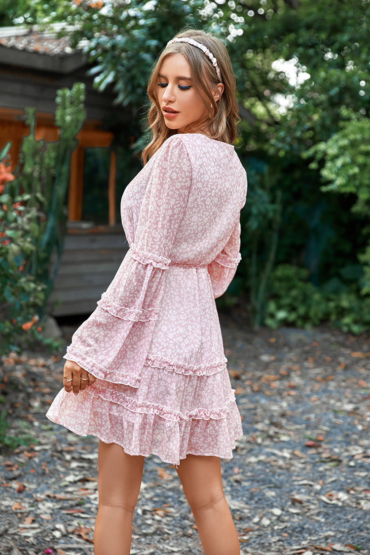 Vestido Varadero rosa con escote V y mangas de campana