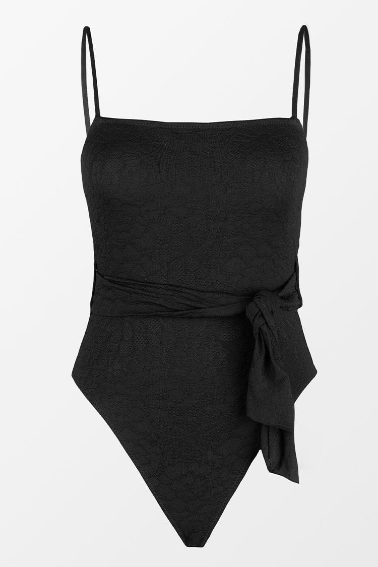 Lauren Belted Bandeau Black One Piece Swimsuit
