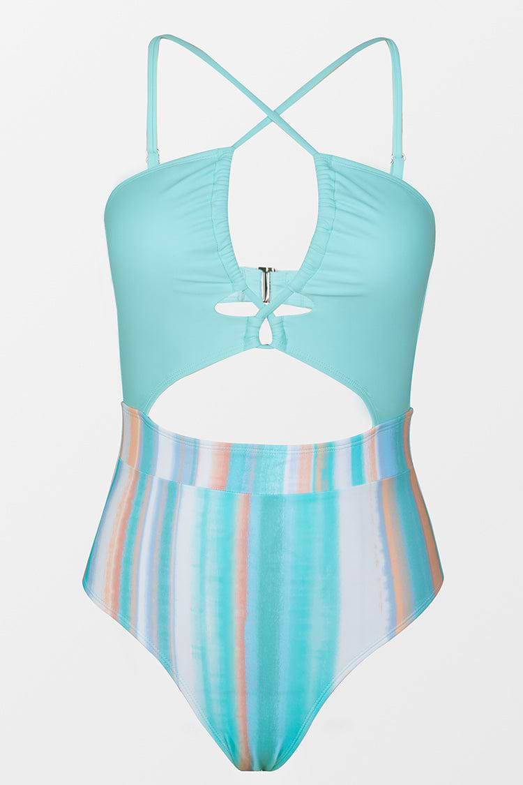 Bañador de rayas y con recortes tunelizados