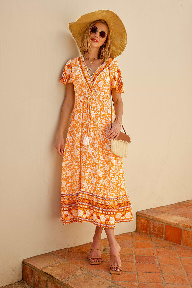 Robe trapèze à manche cloche et col en V