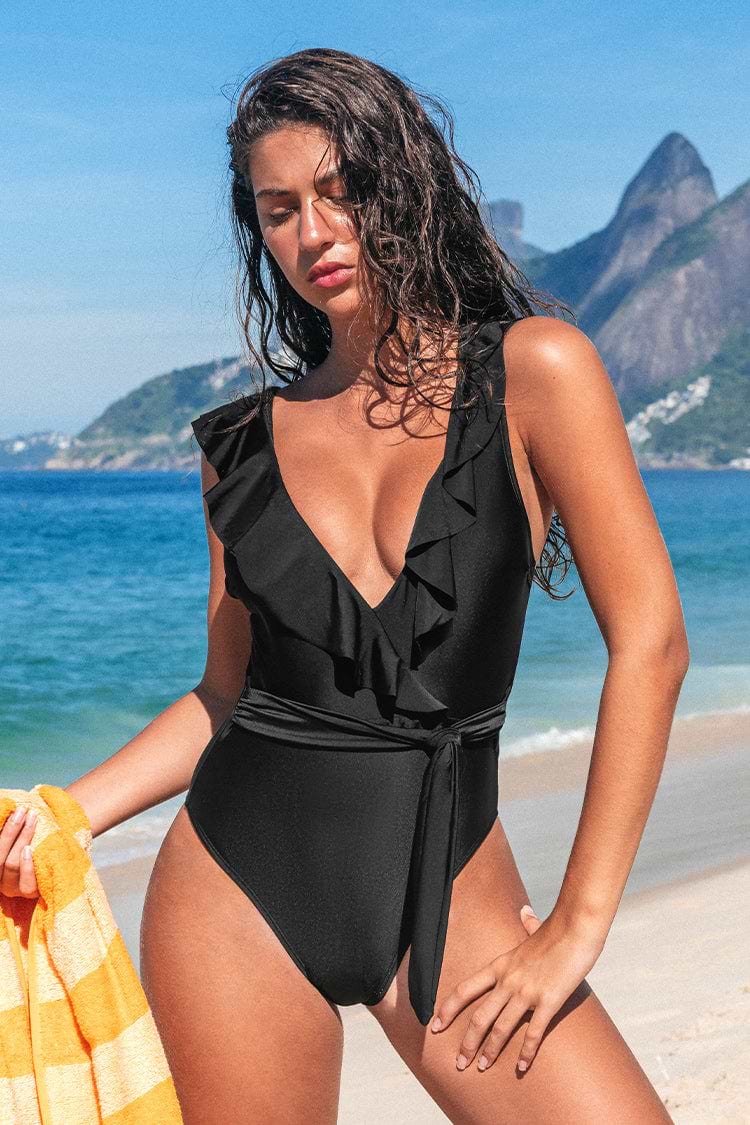 Paluma Black Ruffled Plunge One Piece Swimsuit