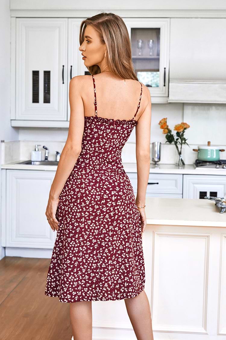 Ditsy-Kleid mit V-Ausschnitt und Kräuselungen