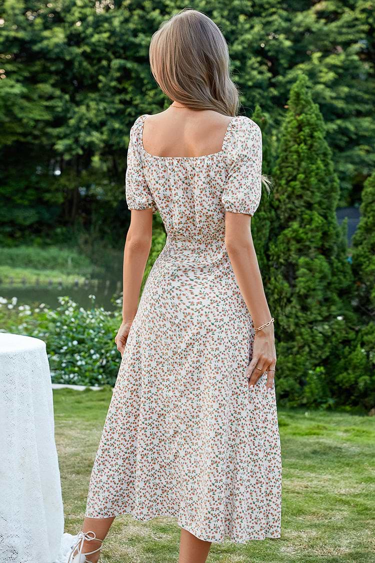 Robe trapèze à manches bouffantes fleuri rose