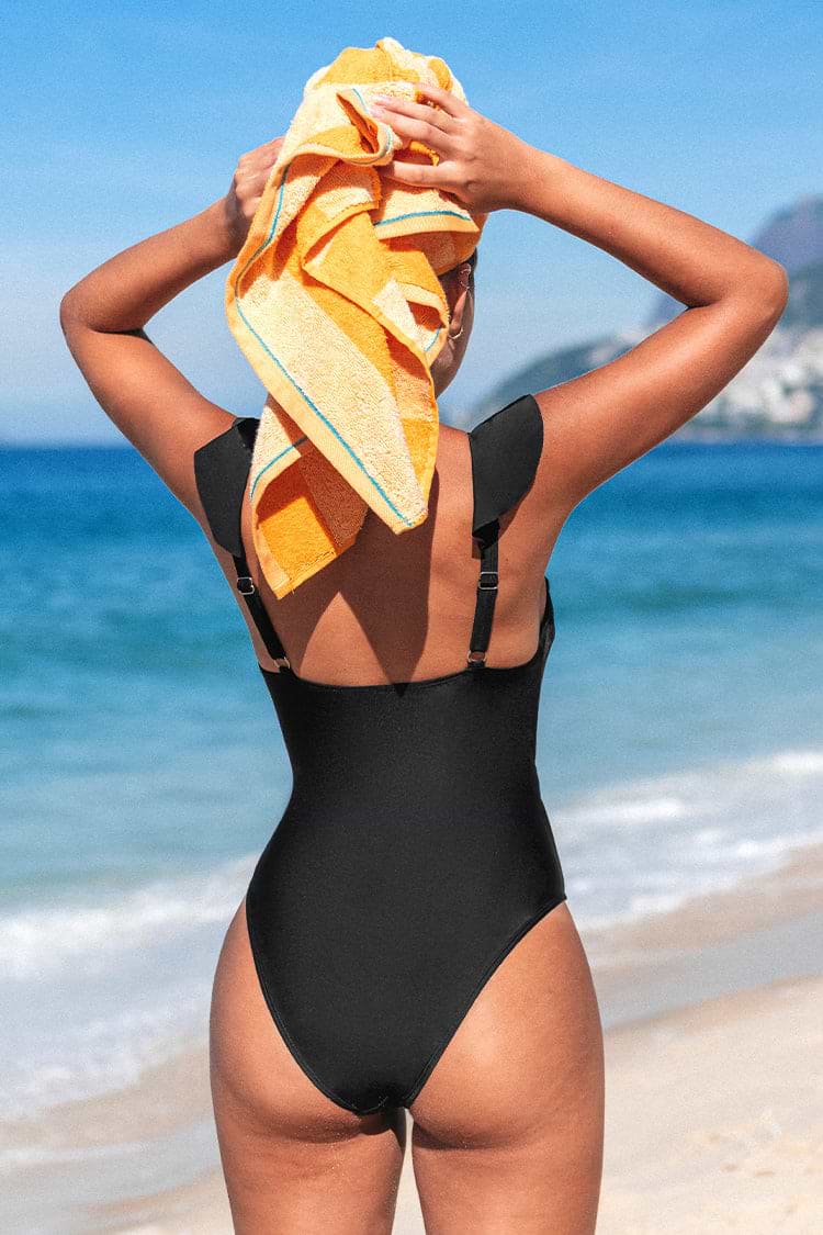 Paluma Black Ruffled Plunge One Piece Swimsuit