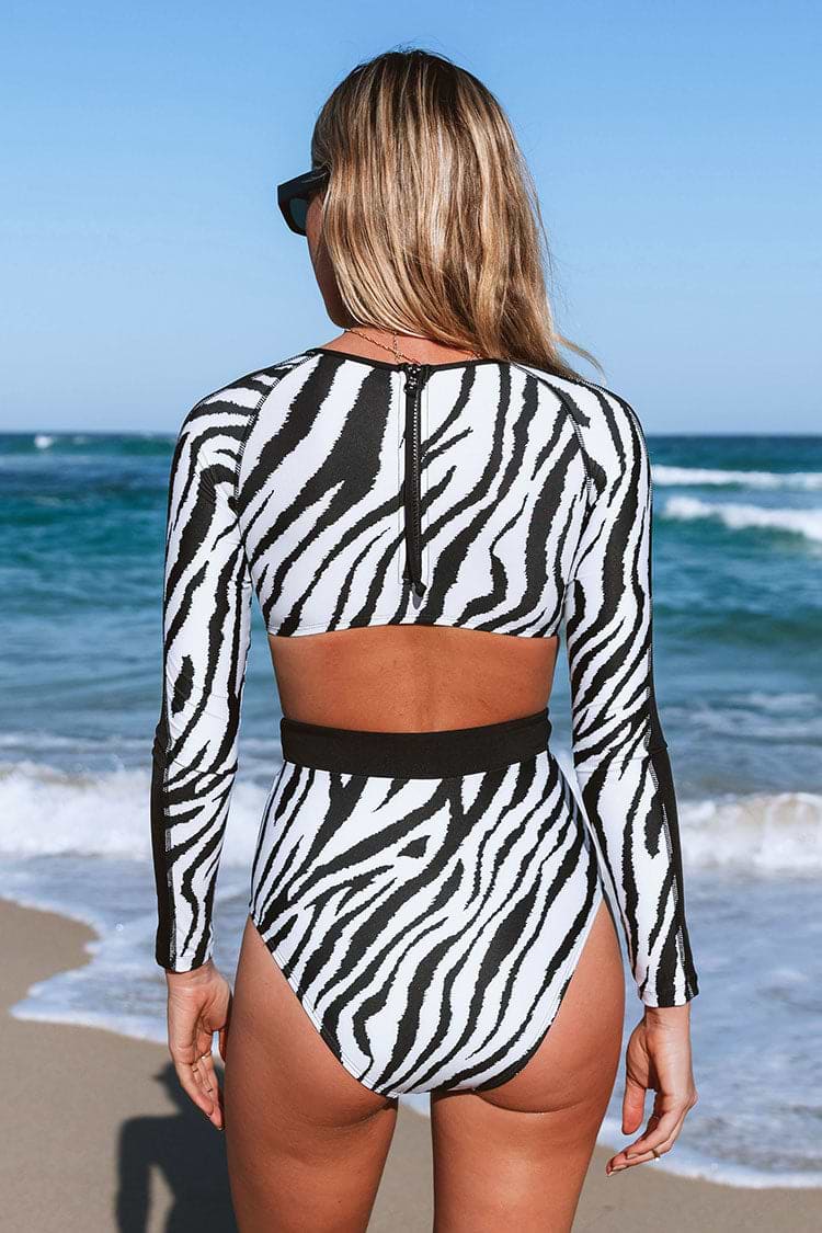 Cheyanne Zebra Cut Out Long Sleeve One Piece Swimsuit