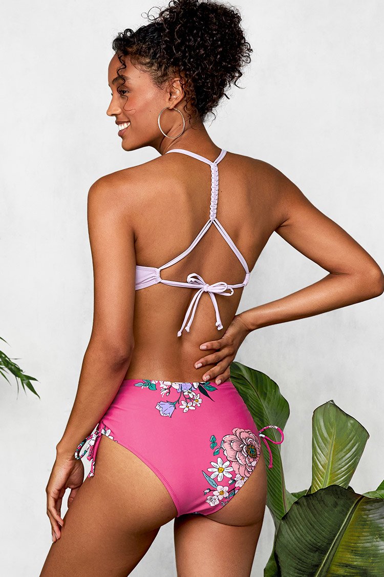 Bikini Violeta Claro y Floral con Espalda Trenzada