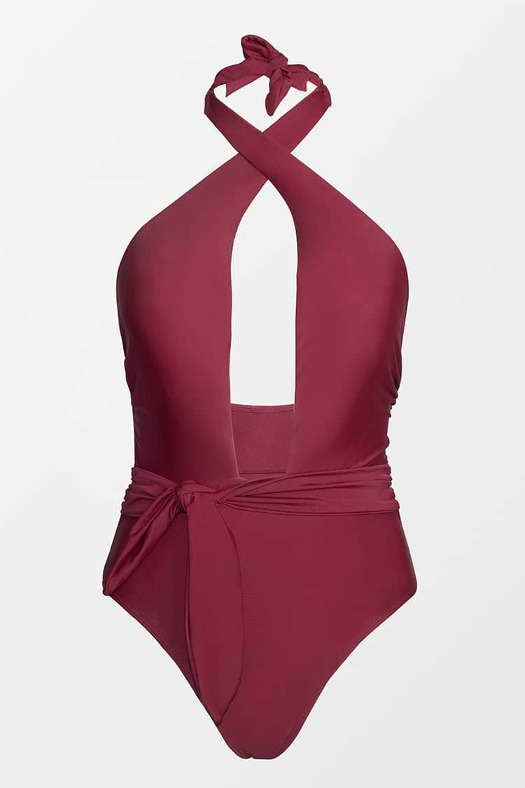 Burgundy Front Cross Halter One Piece Swimsuit