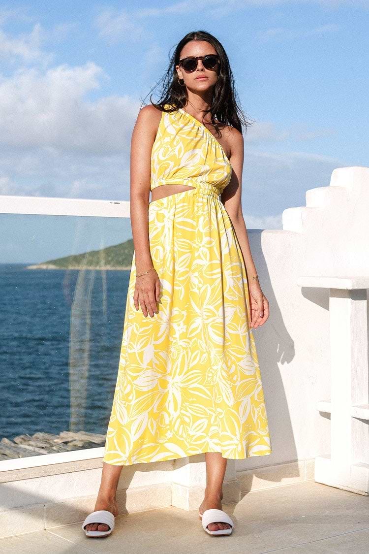 Ashly Floral One Shoulder Cut-out Dress