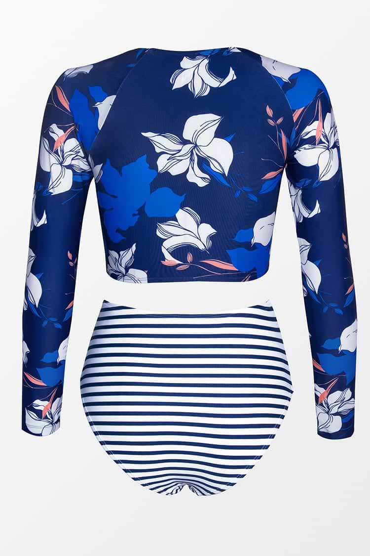 High waist Langarm-Bikini mit Blumen Print und Streifen