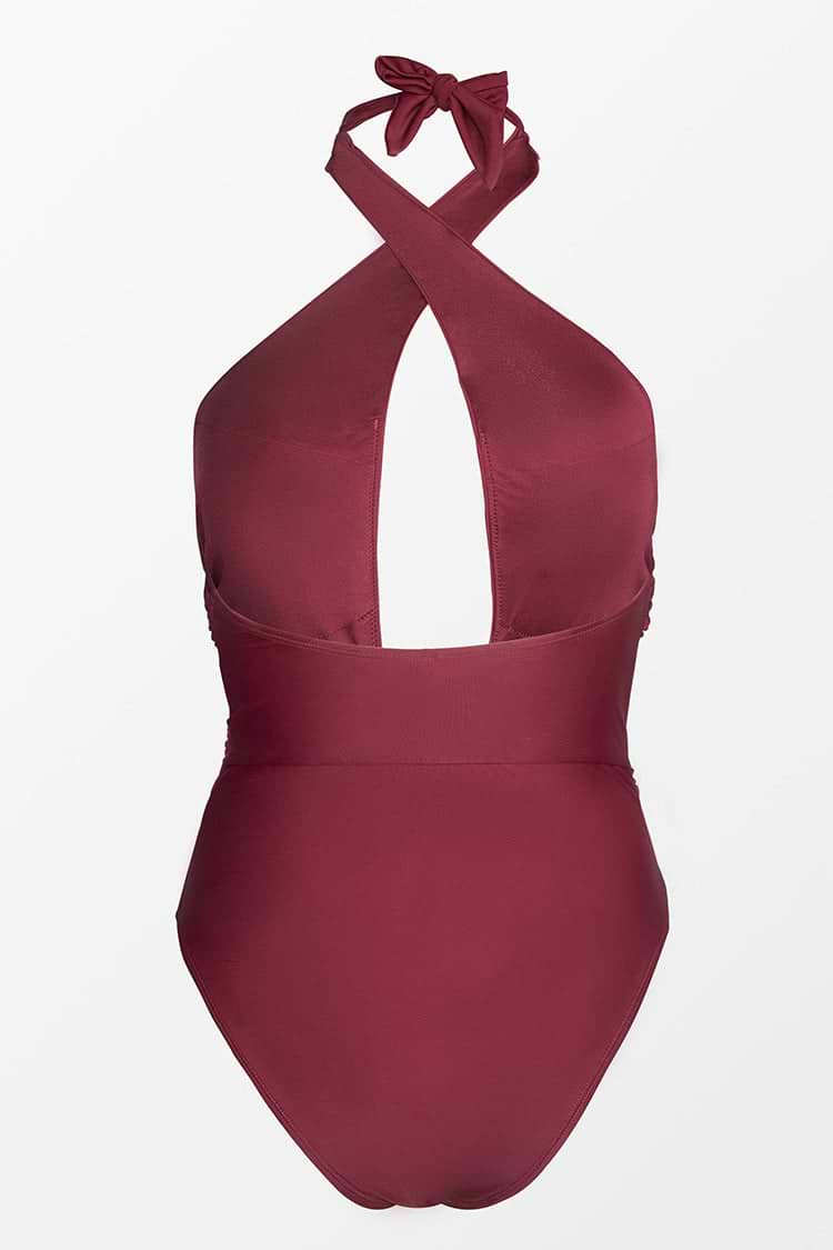 Burgundy Front Cross Halter One Piece Swimsuit