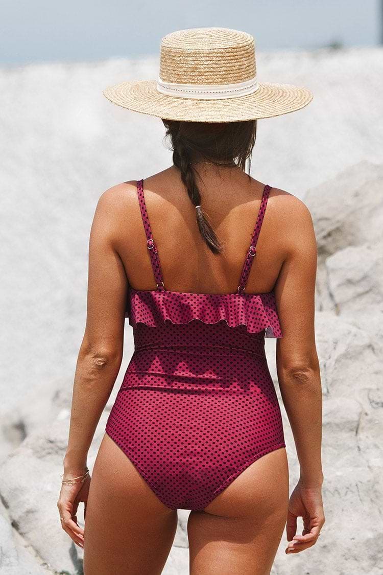 Traje de baño Abby de una pieza color rojo y con volantes Lunares