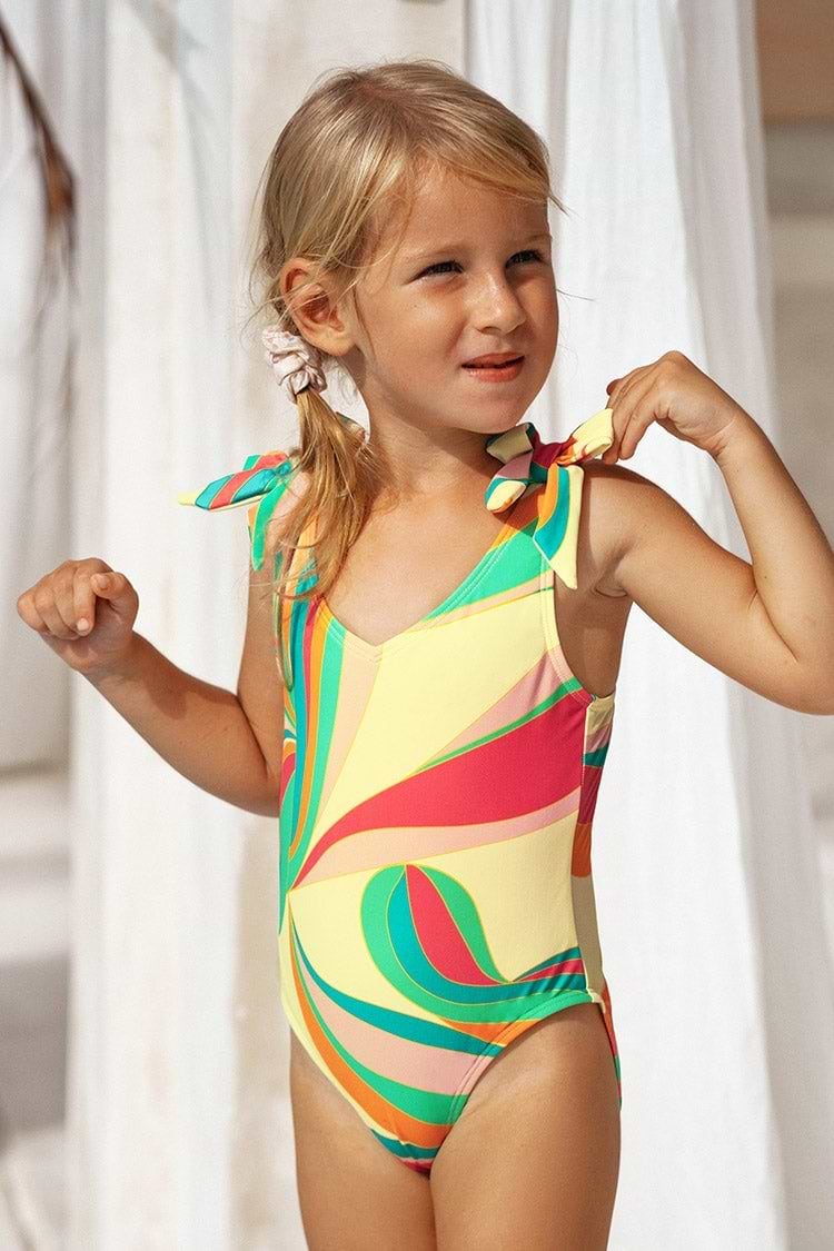 Girls Yellow Shoulder Tie One Piece Swimsuit