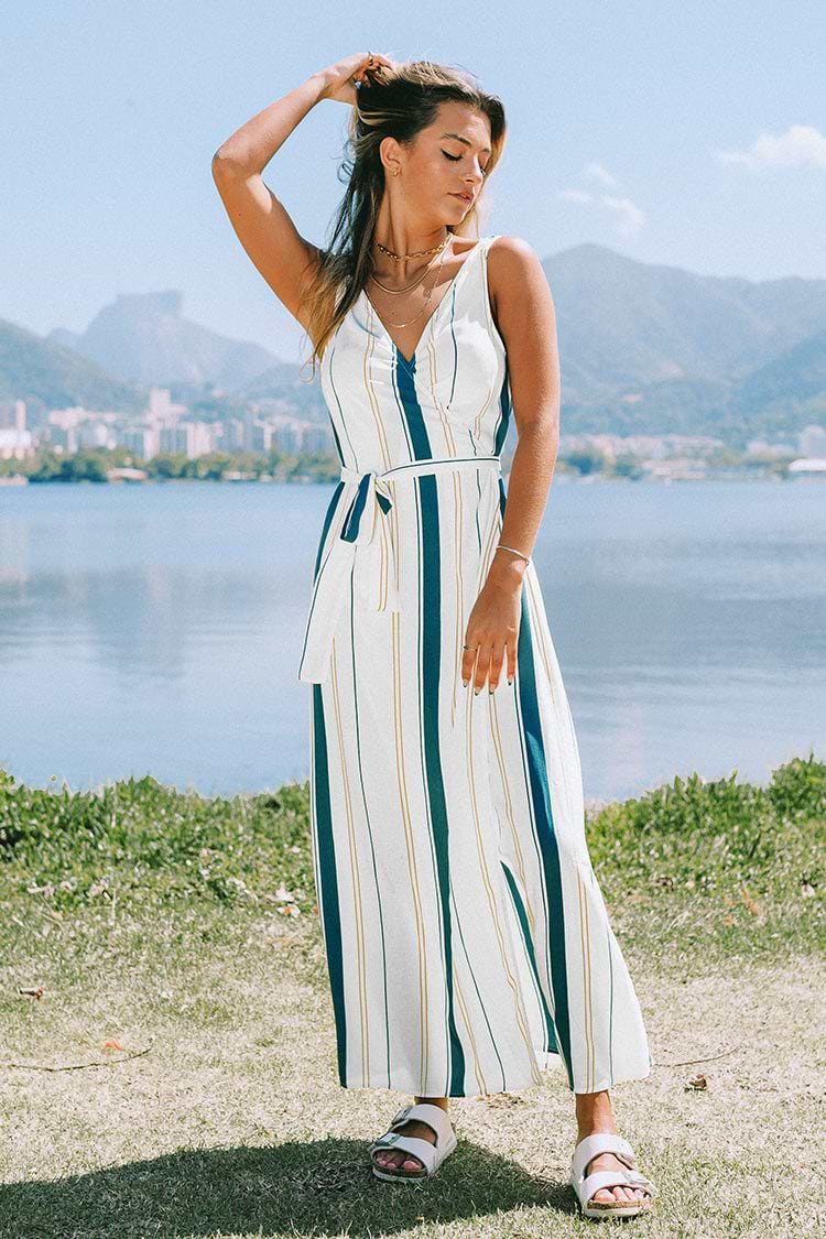Addilyn Striped Wrap Tie Waist Dress