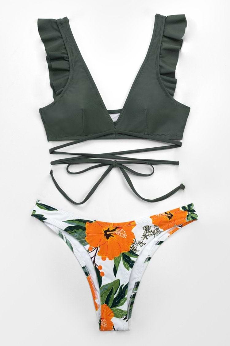 Bikini Verde Oliva Floral con Tirantes y Olanes
