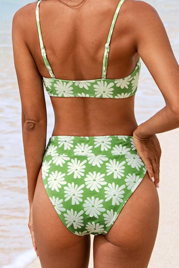 Braguita de bikini de talle alto con estampado floral verde claro