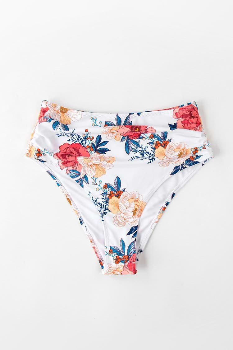 Braguita de Bikini Blanco Floral con Cintura Alta Plisado